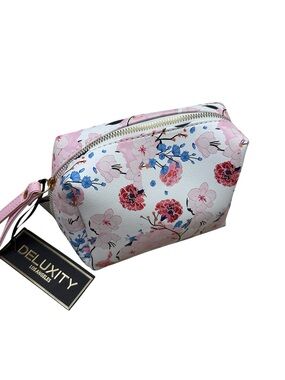 Deluxity Floral Pink and White Cosmetic Pouch full of different items